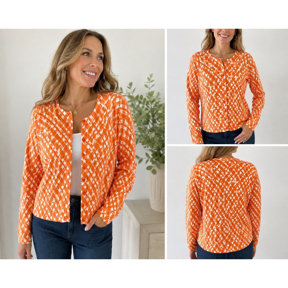 Liz Claiborne Orange White Geometric Lattice Button Front Cardigan XL Fits S/M